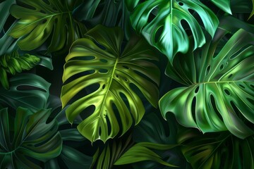 Monstera leaves in close-up against a green and dark backdrop.