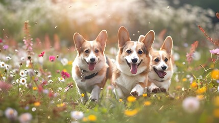 Smiling corgi dogs running. Happy cute puppy in the grass flower field in spring summer time holiday. Adorable pet animal message greeting card banner concept.