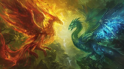 Obraz na płótnie Canvas Dive into a fantasy realm with this vibrant clash of fire and ice phoenixes!