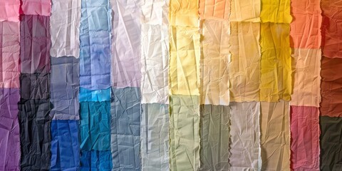 A vertical gradient transitions from light to dark, representing different sizes and shades of blue, yellow, red, purple, green, white, orange, brown, pink, gray, black, and white.