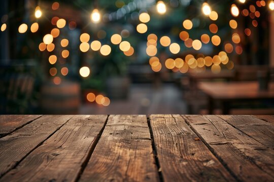 An empty wooden tabletop is set against a blurred background of string lights and a rustic fence, suitable for product display or mockup design.