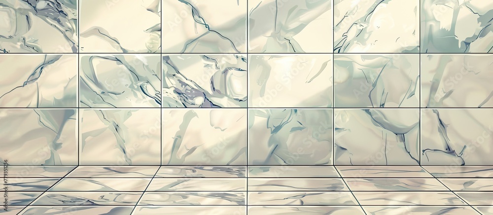 Poster a room with a facade of marble tiles on the walls and floor, creating a parallel pattern of rectangl