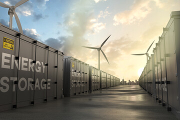 Energy storage units collect power from wind turbine on building.