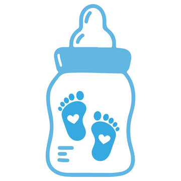 biberon celeste que contiene huellas de bebe  con corazon de color celeste y blanco. Fondo transparente PNG