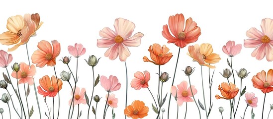 An arrangement of pink and orange flowers displayed on a white background. The vibrant colors of the flowering plants create a beautiful natural landscape, resembling a piece of art