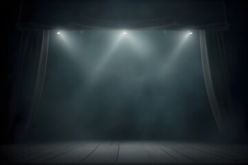 Dramatic Theatrical Stage Beam Spotlights in Dark Studio with Smoke and Lighting Effects for Sci-Fi or Futuristic Performance - obrazy, fototapety, plakaty