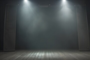Dramatic Stage Beam Background with Theatrical Spotlights and Moody Lighting in Dark Studio Setting - obrazy, fototapety, plakaty
