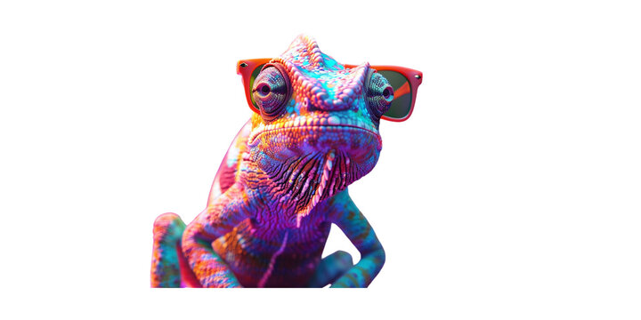 A purple and blue chameleon wearing orange sunglasses on a purple background