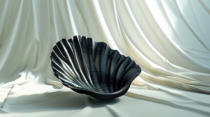 a rounded seashell made of black silk in a minimalistic surreal ambience 