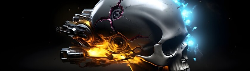 Dramatic Explosion of Futuristic Sci-Fi Skull with Vibrant Blue and Yellow Highlights in 3D Rendering
