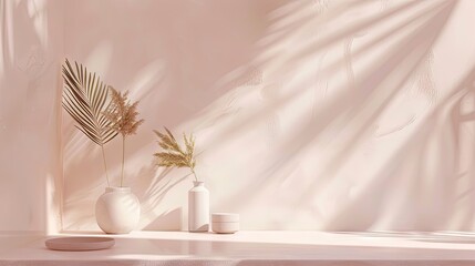 A scene with a desktop in a modern minimalist style with a glossy feel, exquisite details, elegant background, natural elements, pastel tones, contrast of light and shadow 