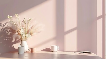 A scene with a desktop in a modern minimalist style with a glossy feel, exquisite details, elegant background, natural elements, pastel tones, contrast of light and shadow 