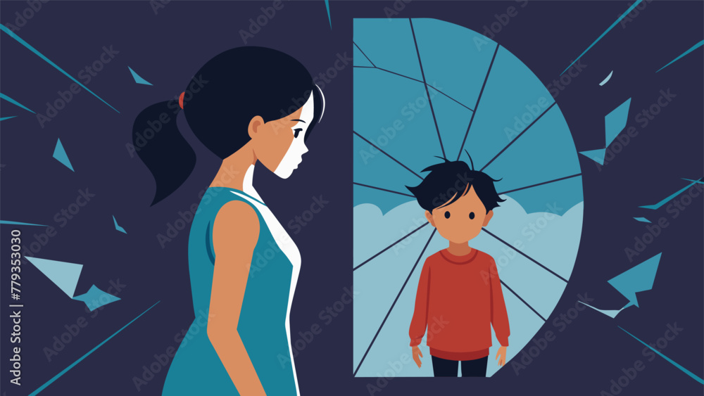 Aufkleber a depiction of a child standing in front of a cracked mirror with the reflection of their parents fi