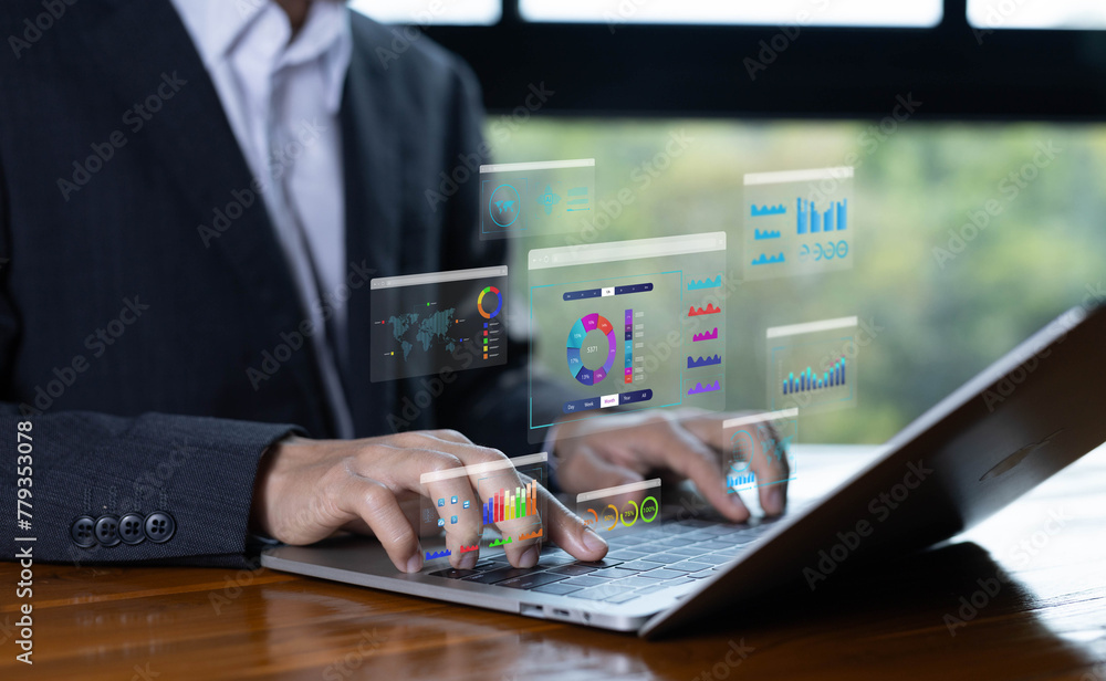 Poster research on platform digital technology shows a dashboard chart on the computer. concept of analytics business, analysis data plans, and reports. analyst manages the system database