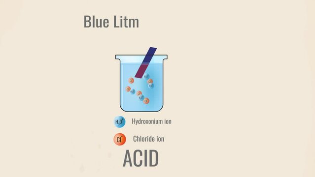Colorful animation illustrating Litmus paper test, Acid turns blue litmus paper into red, and Base turns red litmus paper into blue