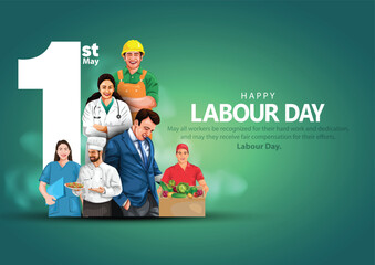 happy Labour day or international workers day vector illustration with workers. labor day and may day celebration. - obrazy, fototapety, plakaty