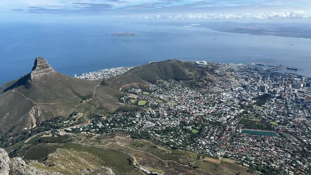 Ocean views with Lions Head, Signal Hill and Robben Island with the top layout of Cape Town South Africa