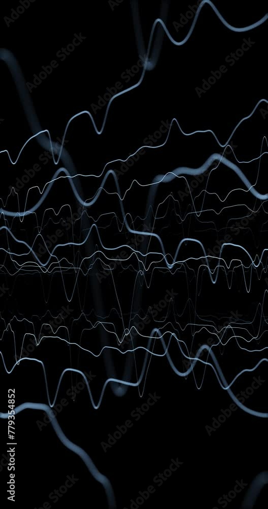 Poster abstract blurred blue loop wavy graph lines on black vertical background.