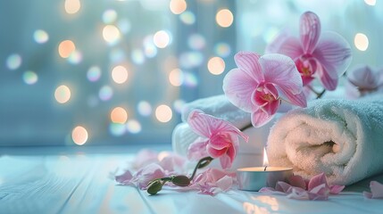 blurred and bokeh background with Towels , Candles, Orchid, Spa setting and white wooden table...
