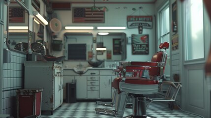 Classic barber shop interior with vintage red barber chair, retro decor, and checkerboard floor