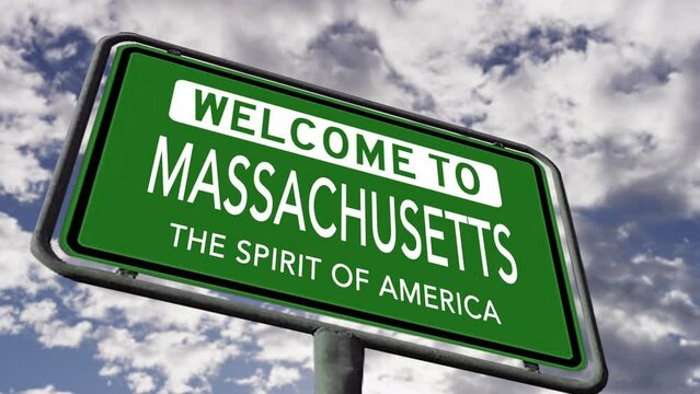 Welcome to Massachusetts, USA State Road Sign, The Spirit of America Slogan, Realistic 3d Animation