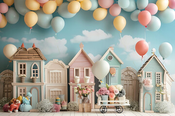 Pastel House and Balloons Backdrops: Vintage Backdrop with Peonies and Wooden Crates - Fine Art Photography Composition