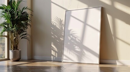 Close up of a poster mockup, of a white poster, leaning on the wall in a modern home, cream aesthetic, window light and reflections seen on the wall  
