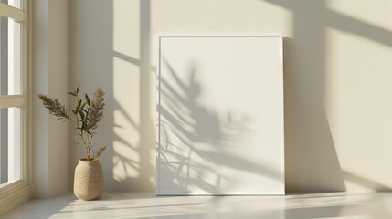 Close up of a poster mockup, of a white poster, leaning on the wall in a modern home, cream aesthetic, window light and reflections seen on the wall 