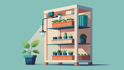 A digital rendering depicting a bookshelf transformed into a living wall with the addition of small planter boxes and a drip irrigation system.