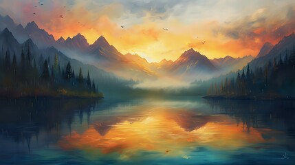 Misty Morning Magic: Peaceful Mountain Lake./n