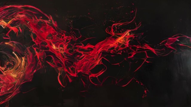 An abstract painting of red and yellow flame-like curves swirling against a black background. The flaming curves are powerful and brimming with energy. 