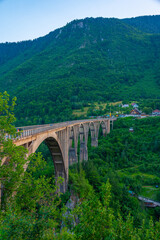 Sunset view of Djurdjevica Tara bridge in Montenegro