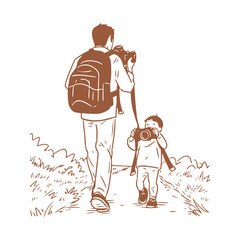 father and a child are walking together, with the man holding a camera