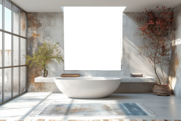 Bathroom interior with bathtub and large window, mockup