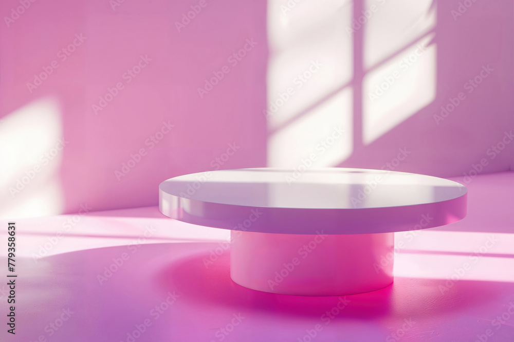 Poster minimalistic pink round pedestal display with natural sunlight and shadow.product display concept wi