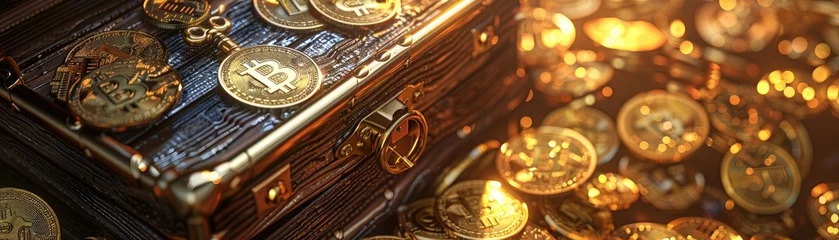 Fotobehang A dramatic visual metaphor of a Bitcoin as a key unlocking a digital treasure chest full of virtual coins and data © AI Farm