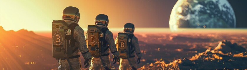 A sci-fi scenario where astronauts on Mars use Bitcoin as their primary currency highlighting its universal potential - obrazy, fototapety, plakaty