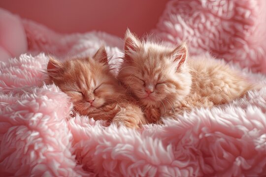 Sleeping Kittens on Fluffy Pink Blanket