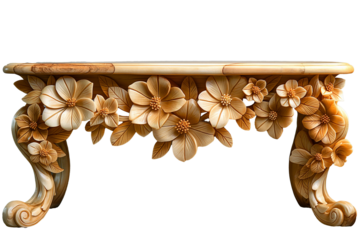 Ornate wooden console table with intricate floral carvings on a transparent background. showing every intricate detail.
