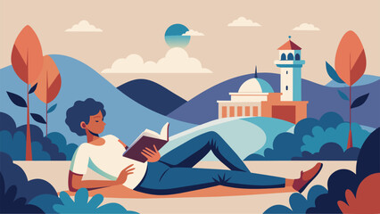 A college student sprawls out on the grass in a quiet corner of a campus engrossed in a book that takes them on a journey through time and - obrazy, fototapety, plakaty