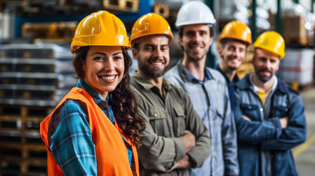 a smiling group of workers wearing a hard hat and standing in a warehouse