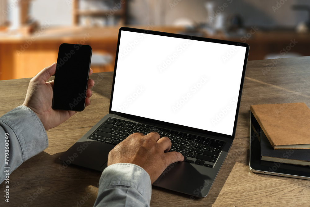 Poster mock up using laptop with blank screen computer modern