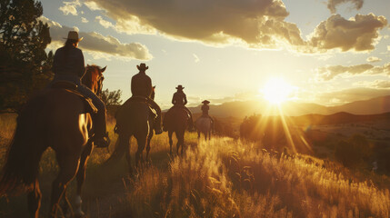 a group of people riding horses into the sunset - obrazy, fototapety, plakaty