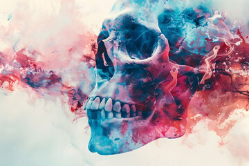 Captivating Radiological Masterpiece A Surreal Watercolor of the Human Skull in Exquisite Detail - obrazy, fototapety, plakaty
