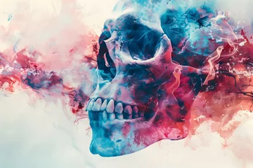 Fotobehang Aquarel doodshoofd Captivating Radiological Masterpiece A Surreal Watercolor of the Human Skull in Exquisite Detail