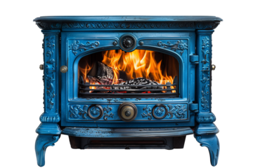 Blue fireplace in the interior of the house on a transparent background
