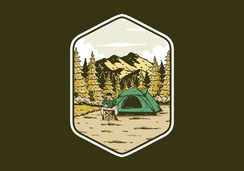 Camping in nature. Vintage outdoor illustration design