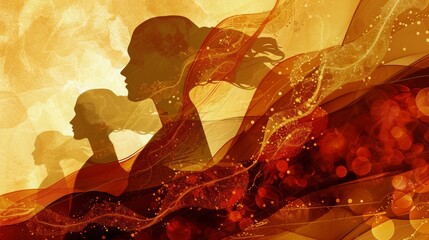art background silohuette of women. warm tones and gold accents - obrazy, fototapety, plakaty