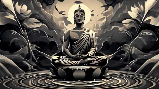 Serene Buddha statue seated amidst leaves and swirling smoke. The black and white monotone color scheme conveys tranquility and spirituality. 