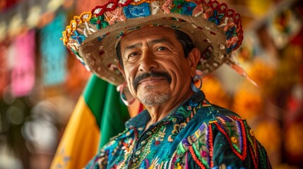 Mature Man Proudly Wearing Traditional Mexican Attire Holding a National Flag